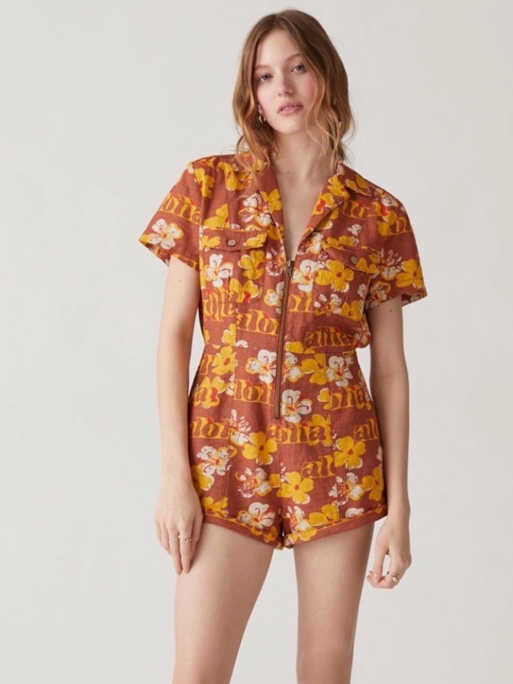 Urban Outfitters Aloha Floral Zip Front Romper Size M Vintage Inspired